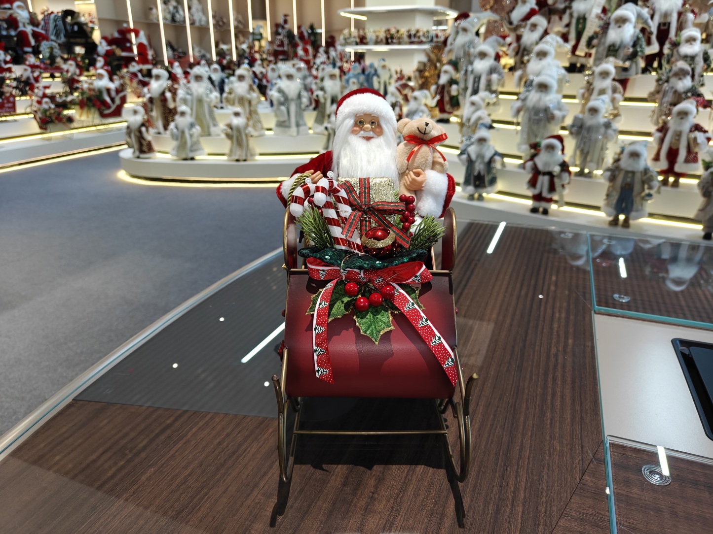 2027 New Classic Christmas Santa Doll Sitting on the Red&Green Sleigh with Music and Light Xmas Decorations Gifts Santa Claus