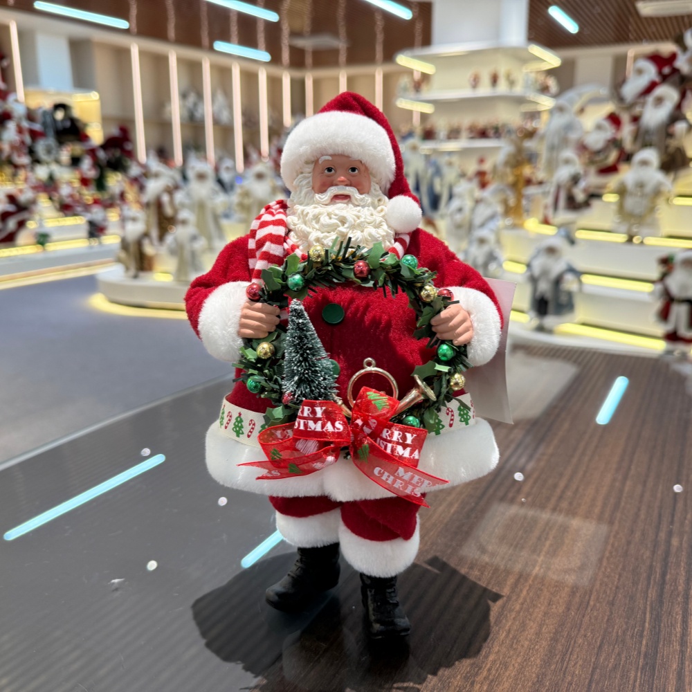 11Inch Xmas Handmade Resin Santa Claus Doll with Wreath Handicraft Polyresin Santa Claus Indoor Decoration