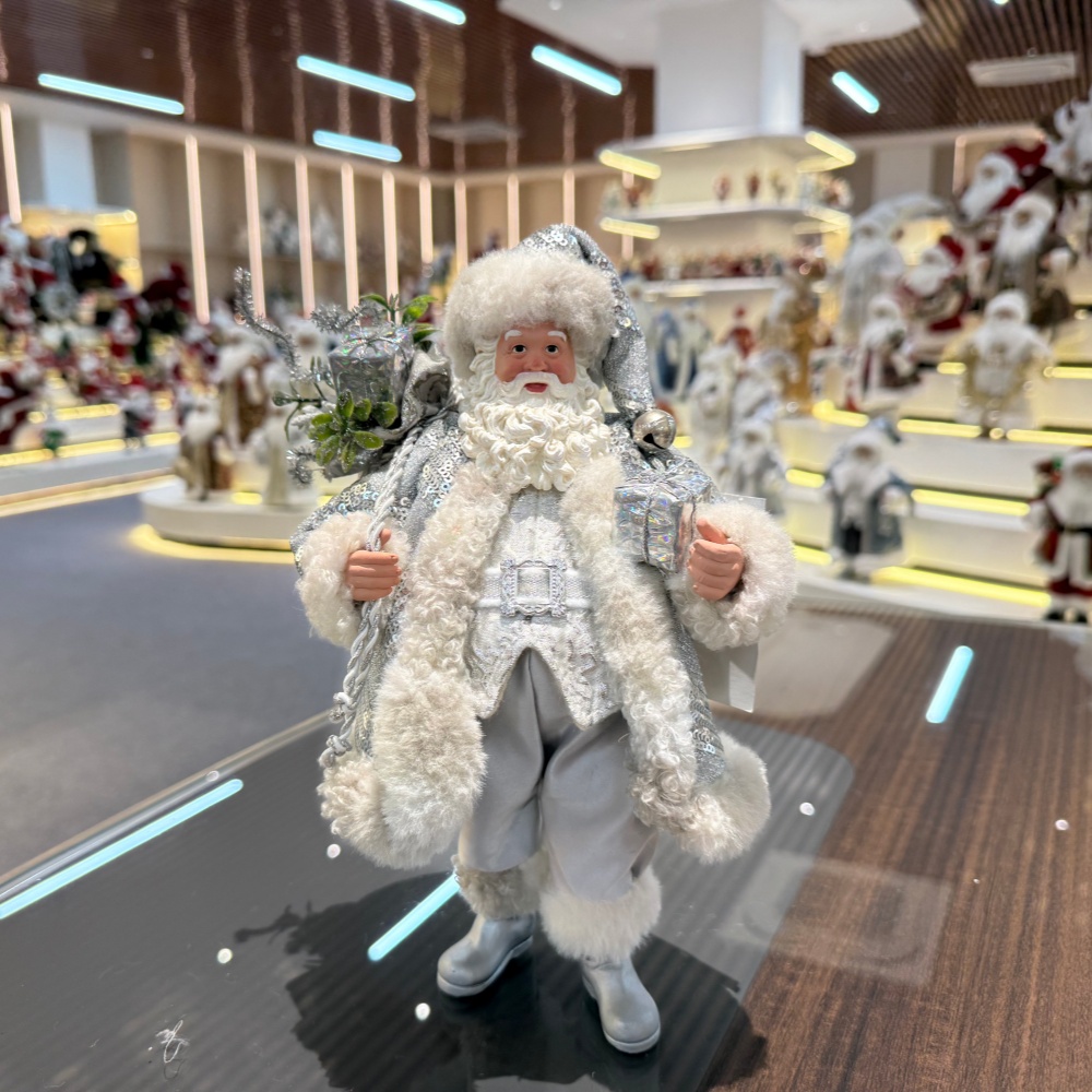 11Inch Xmas Handmade Resin Santa Claus Doll with Silver Christmas Gift Box&Bag Handicraft Polyresin Santa Claus Indoor Decoration