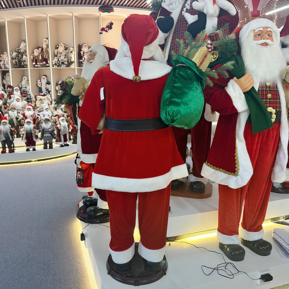 150CM Xmas Handmade Traditional Singing And Dancing Santa Claus Doll Head And Mouth Movement A/C ADAPTER With Santa Bear and Gifts Bag Indoor Decoration