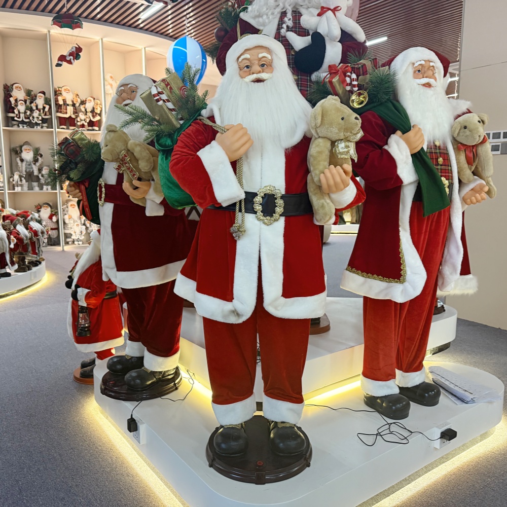 150CM Xmas Handmade Traditional Singing And Dancing Santa Claus Doll Head And Mouth Movement A/C ADAPTER With Santa Bear and Gifts Bag Indoor Decoration