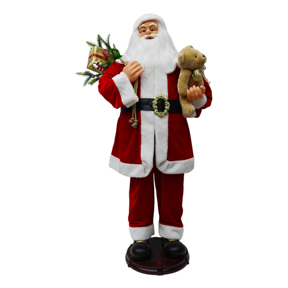 150CM Xmas Handmade Traditional Singing And Dancing Santa Claus Doll Head And Mouth Movement A/C ADAPTER With Santa Bear and Gifts Bag Indoor Decoration