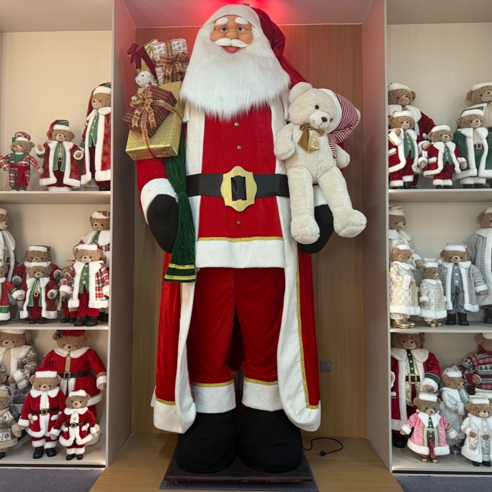 3.8M Giant Santa Claus Xmas Handmade Traditional Santa Claus Doll Movement With Big Santa Bear and Gifts Bag Indoor Decoration