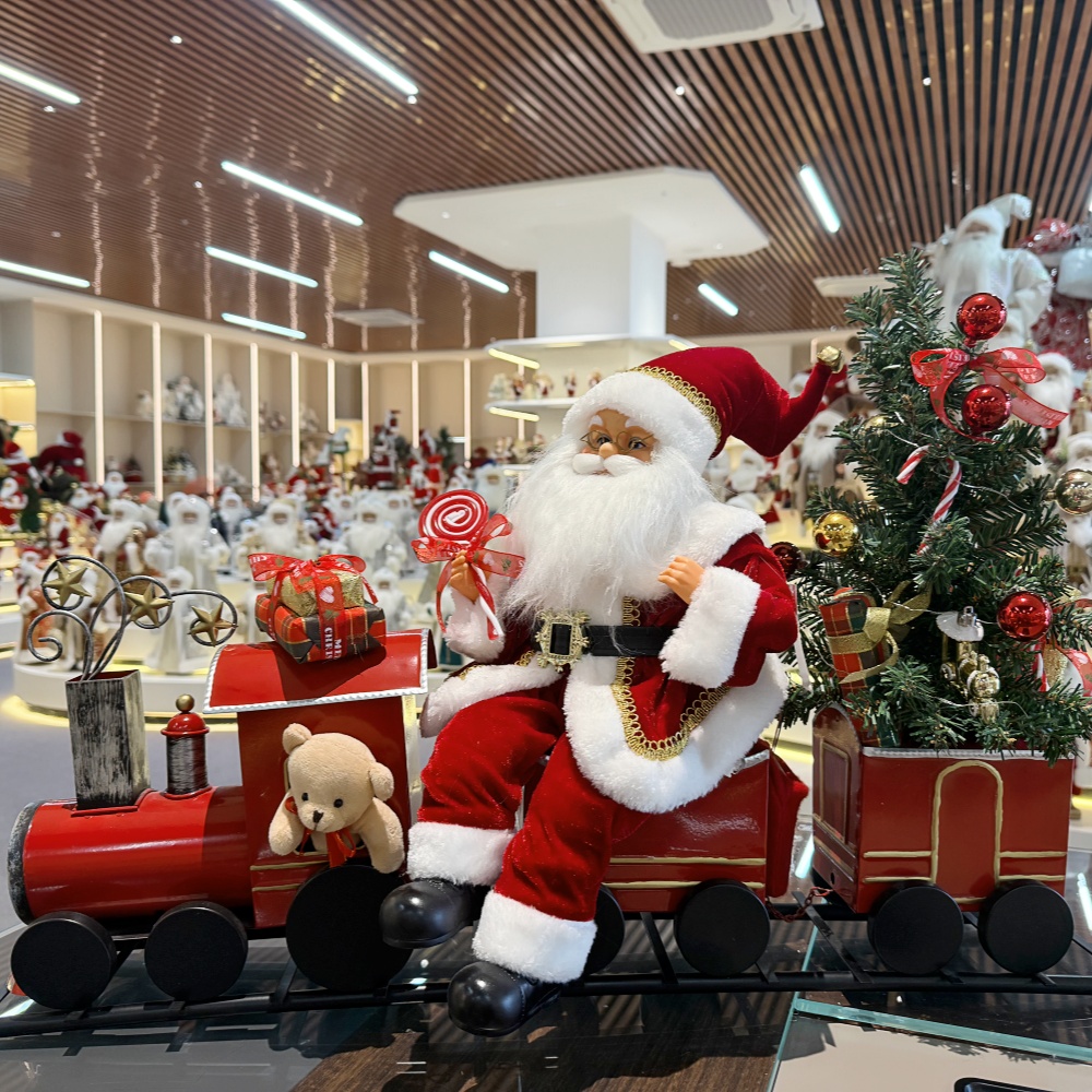 Handmade Animated Santa Claus Sitting On a Train with Xmas Tree Acoustical Control LED Light Musical Santa Claus Doll Christmas Decoration