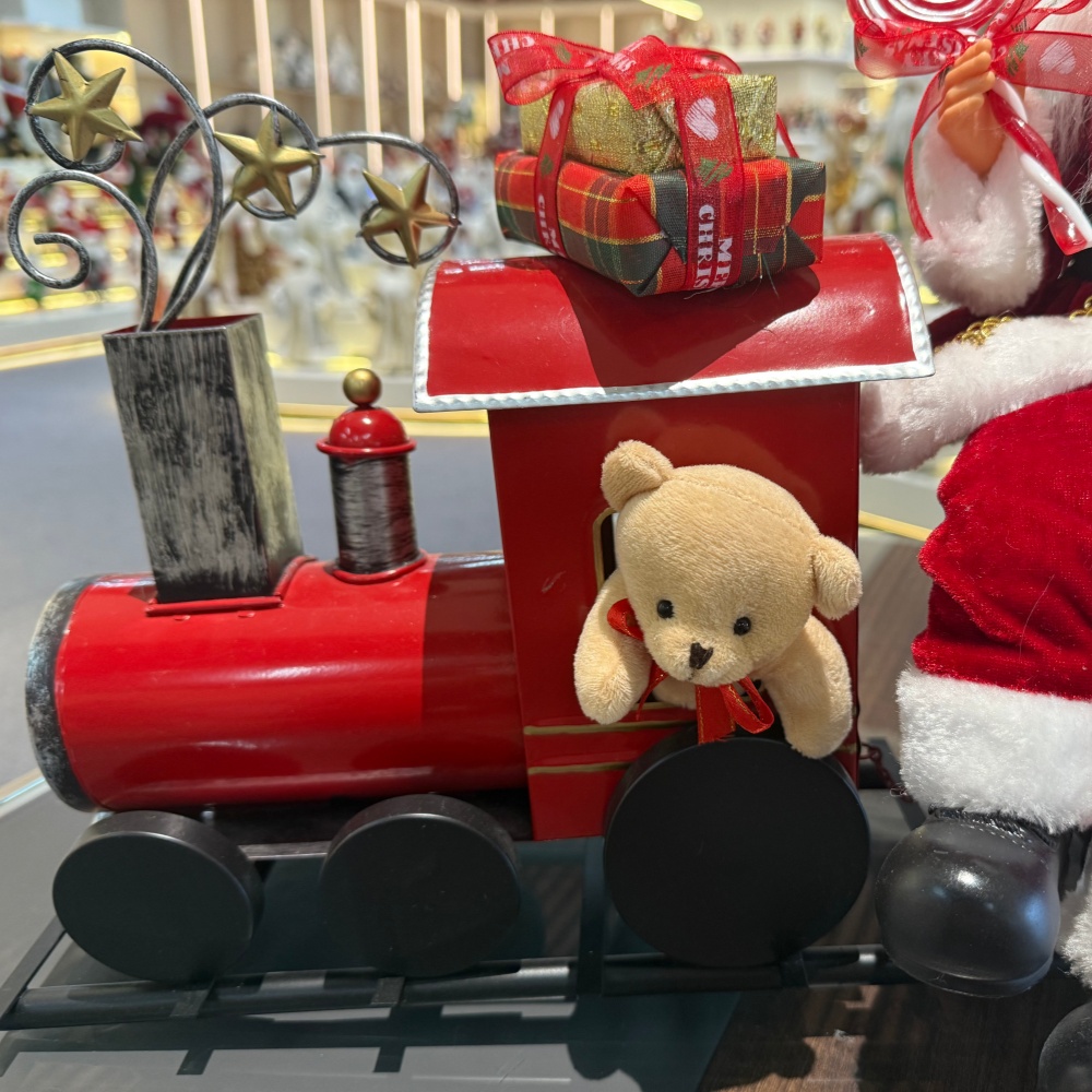 Handmade Animated Santa Claus Sitting On a Train with Xmas Tree Acoustical Control LED Light Musical Santa Claus Doll Christmas Decoration