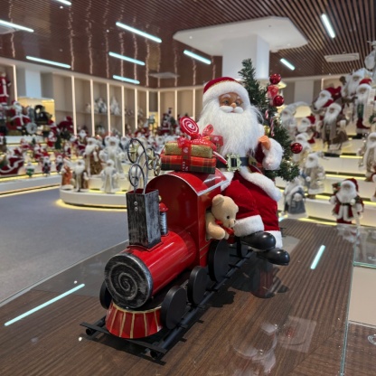 Handmade Animated Santa Claus Sitting On a Train with Xmas Tree Acoustical Control LED Light Musical Santa Claus Doll Christmas Decoration