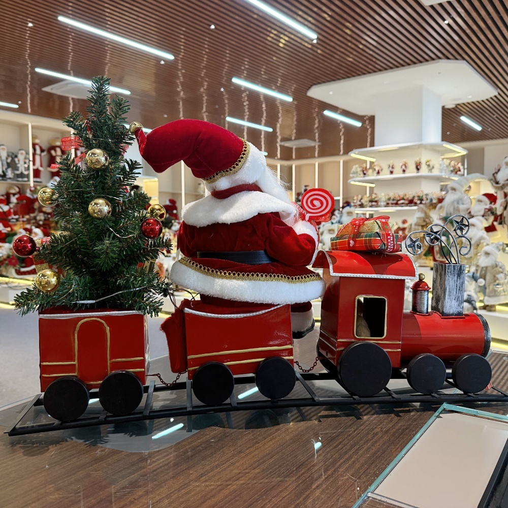 Handmade Animated Santa Claus Sitting On a Train with Xmas Tree Acoustical Control LED Light Musical Santa Claus Doll Christmas Decoration