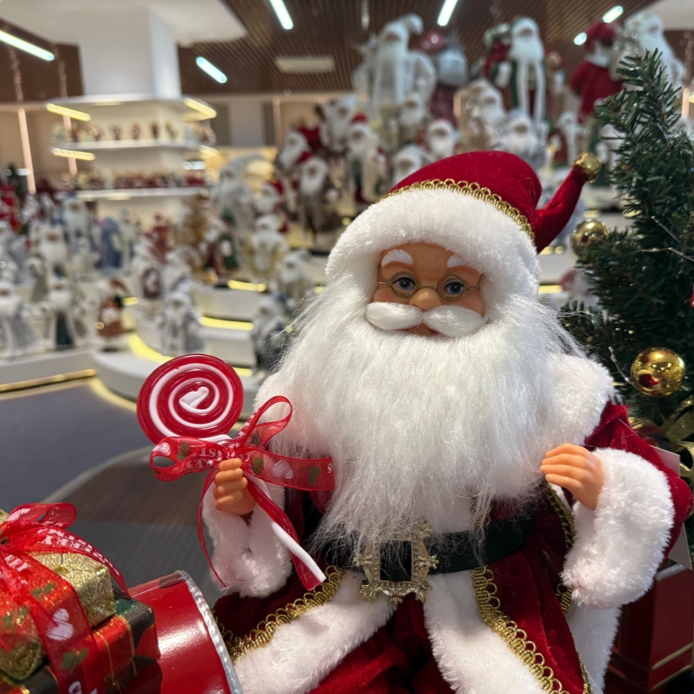 Handmade Animated Santa Claus Sitting On a Train with Xmas Tree Acoustical Control LED Light Musical Santa Claus Doll Christmas Decoration