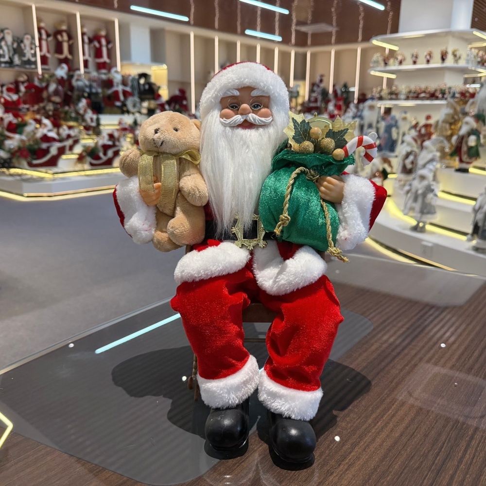 40CM Handmade Santa Claus Sitting On a Rocking Chair with Xmas Bag and Santa Bear Musical Santa Claus Doll Christmas Decoration