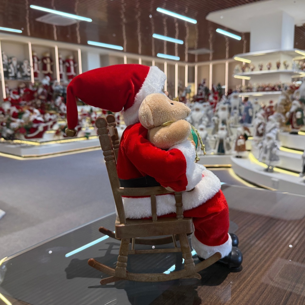 40CM Handmade Santa Claus Sitting On a Rocking Chair with Xmas Bag and Santa Bear Musical Santa Claus Doll Christmas Decoration