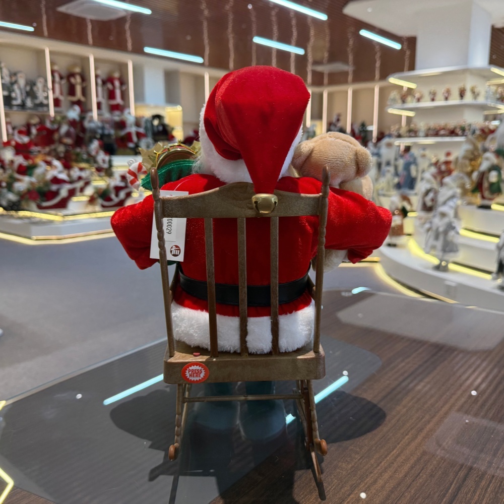 40CM Handmade Santa Claus Sitting On a Rocking Chair with Xmas Bag and Santa Bear Musical Santa Claus Doll Christmas Decoration