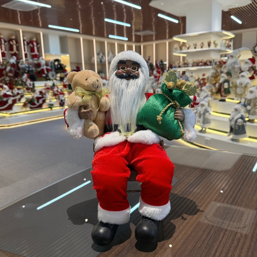 40CM Handmade Santa Claus Sitting On a Rocking Chair with Xmas Bag and Santa Bear Musical Santa Claus Doll Christmas Decoration