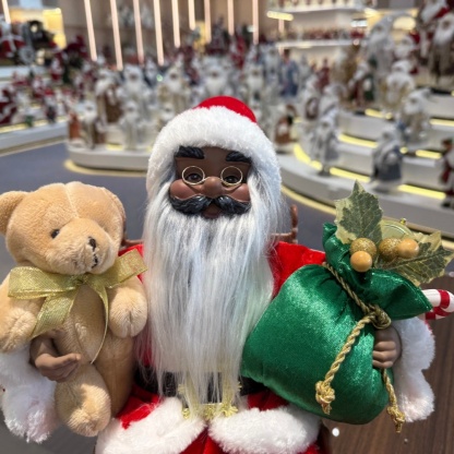 40CM Handmade Santa Claus Sitting On a Rocking Chair with Xmas Bag and Santa Bear Musical Santa Claus Doll Christmas Decoration