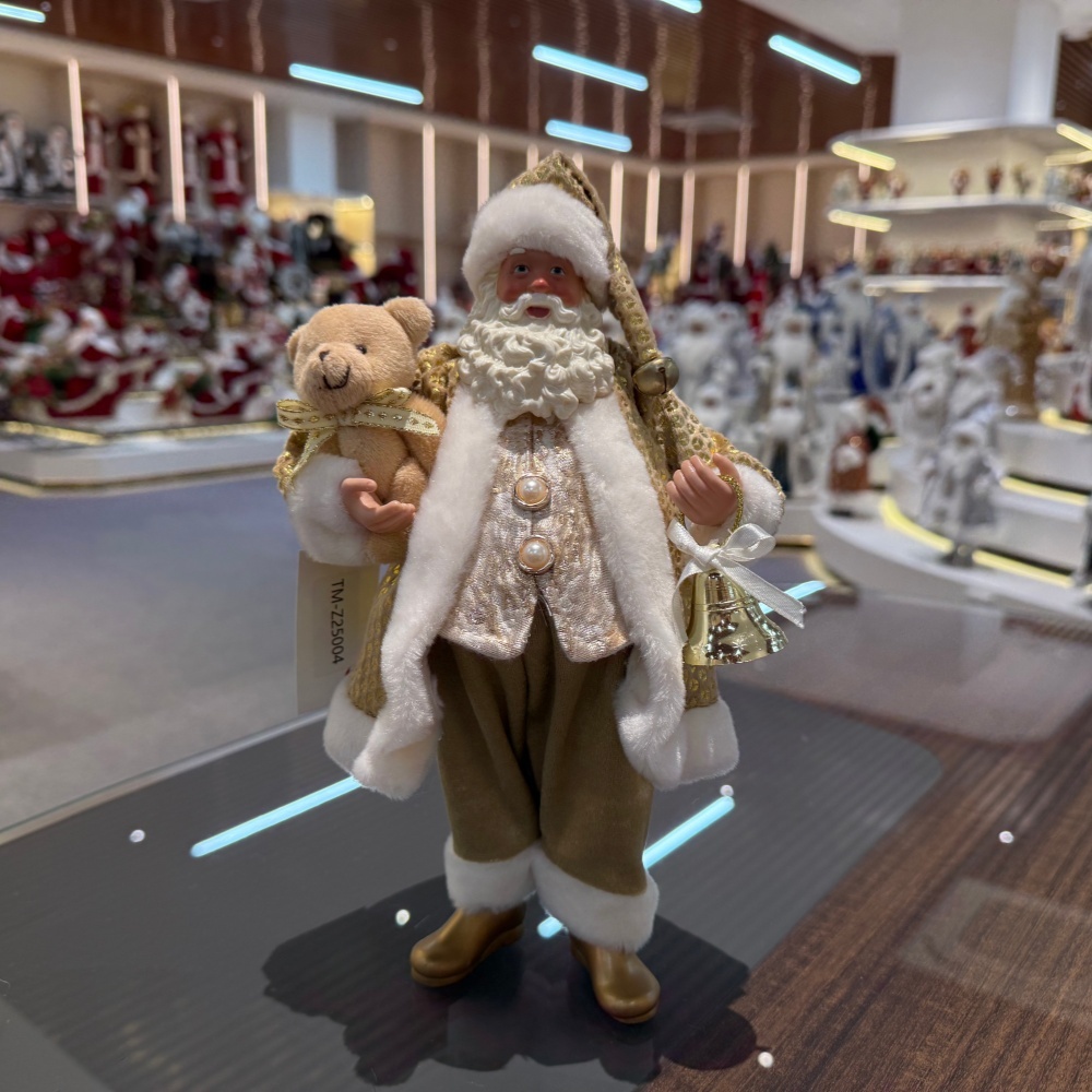 11Inch Xmas Handmade Resin Santa Claus Doll with a Bear Doll&Golden Bell Christmas Gift Handicraft Polyresin Santa Claus Indoor Decoration