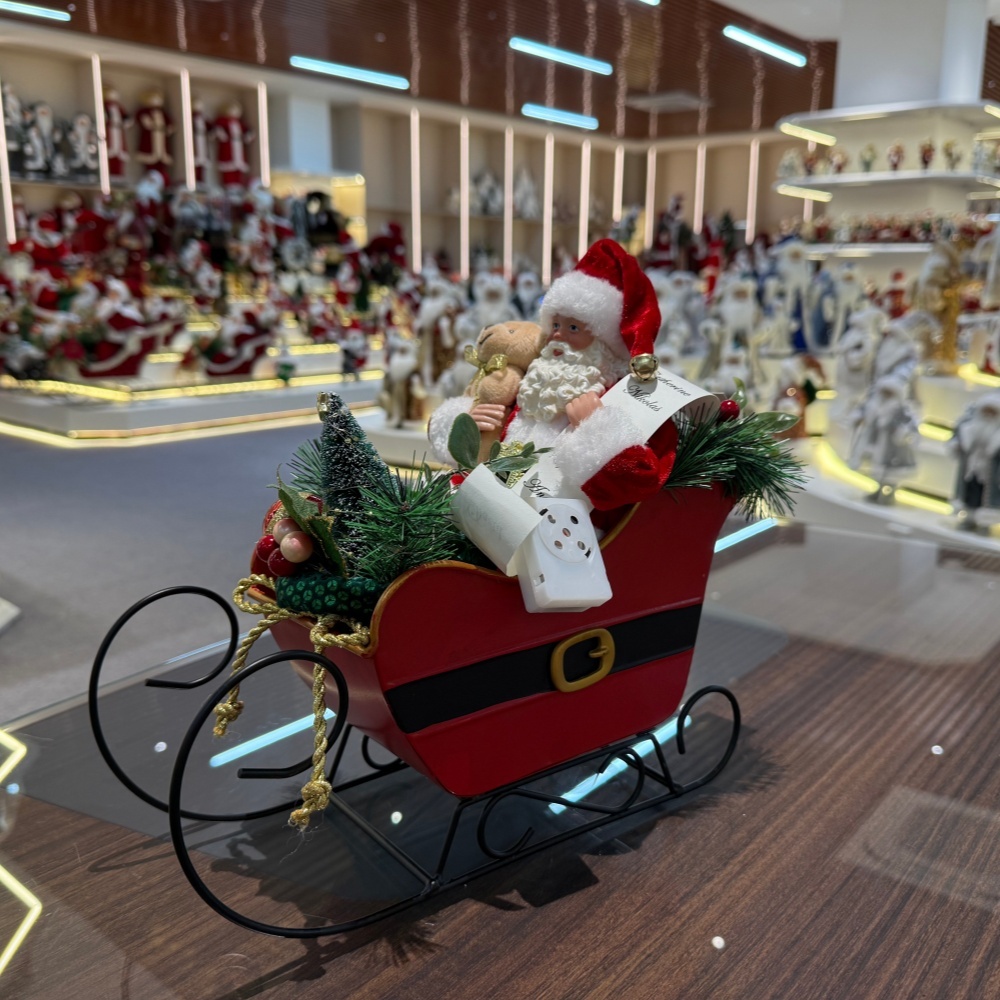 23CM  Xmas Handmade Resin Santa Claus Doll ON SLED WITH LED LIGHT & MUSIC Handicraft Polyresin Santa Claus Indoor Decoration