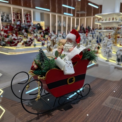 23CM  Xmas Handmade Resin Santa Claus Doll ON SLED WITH LED LIGHT & MUSIC Handicraft Polyresin Santa Claus Indoor Decoration