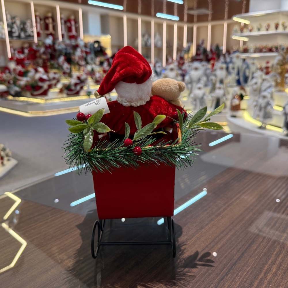 23CM  Xmas Handmade Resin Santa Claus Doll ON SLED WITH LED LIGHT & MUSIC Handicraft Polyresin Santa Claus Indoor Decoration