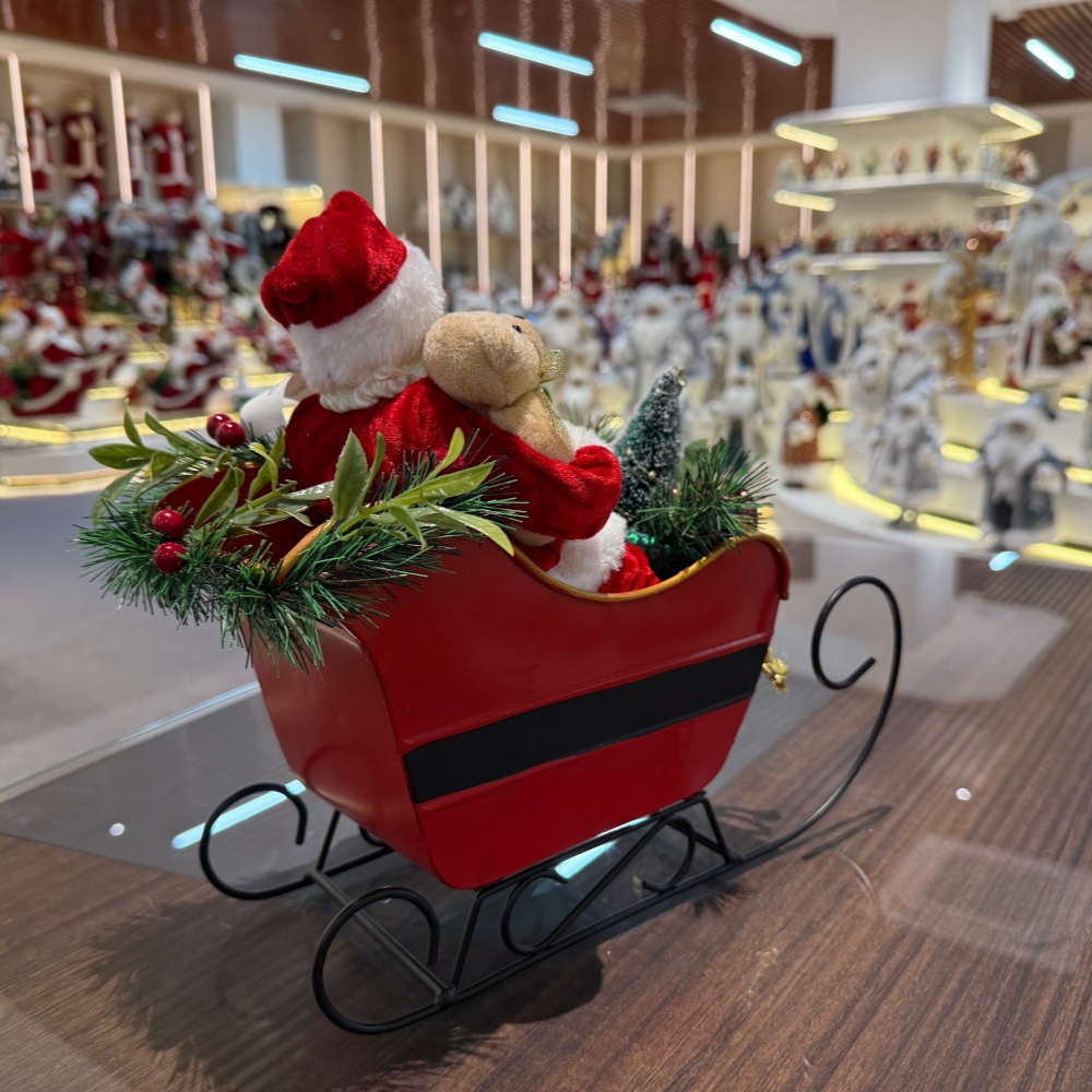 23CM  Xmas Handmade Resin Santa Claus Doll ON SLED WITH LED LIGHT & MUSIC Handicraft Polyresin Santa Claus Indoor Decoration