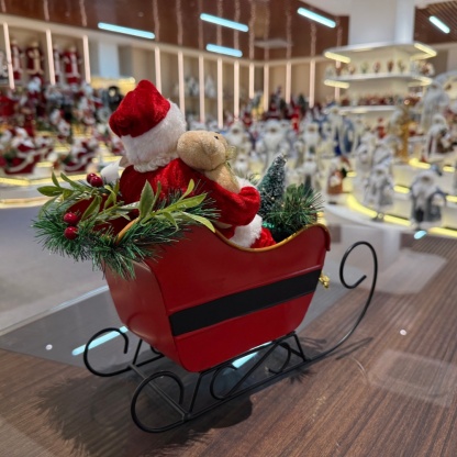 23CM  Xmas Handmade Resin Santa Claus Doll ON SLED WITH LED LIGHT & MUSIC Handicraft Polyresin Santa Claus Indoor Decoration