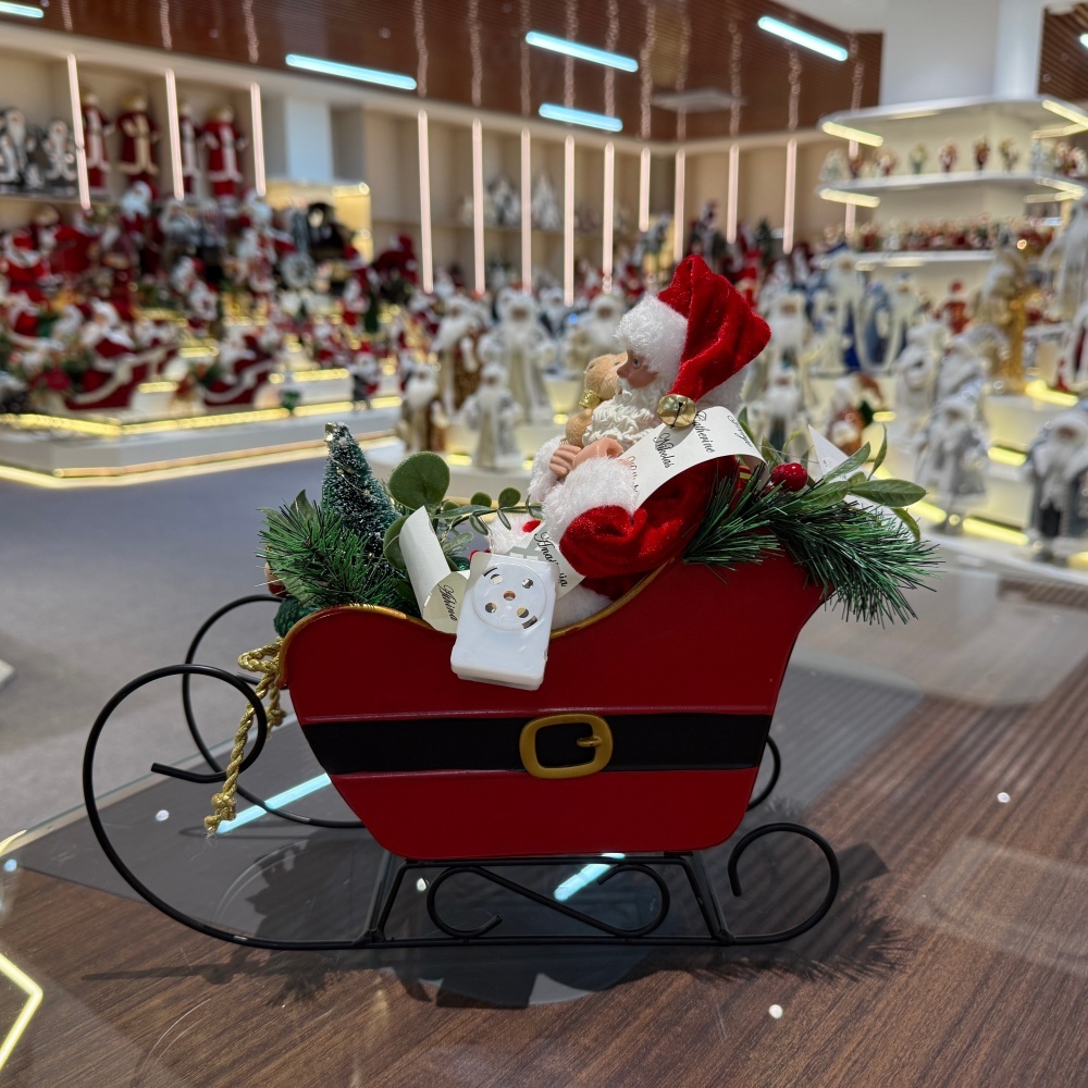23CM  Xmas Handmade Resin Santa Claus Doll ON SLED WITH LED LIGHT & MUSIC Handicraft Polyresin Santa Claus Indoor Decoration