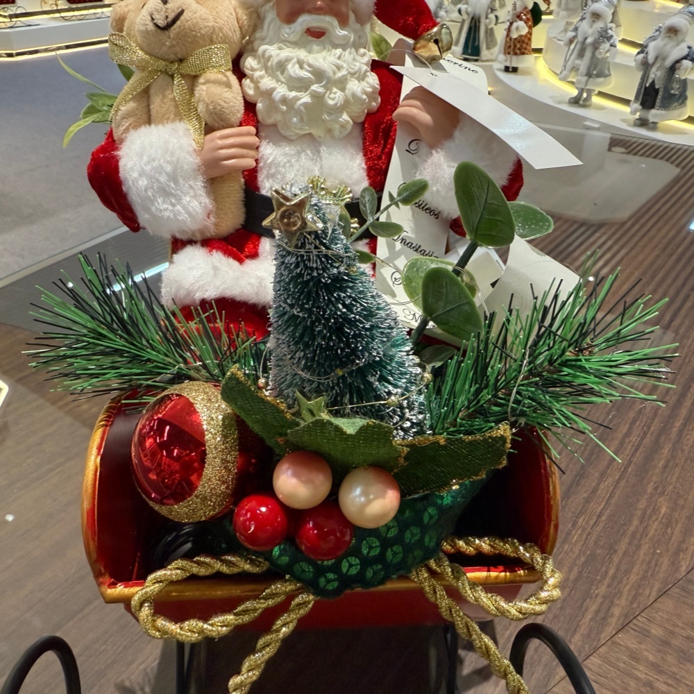 23CM  Xmas Handmade Resin Santa Claus Doll ON SLED WITH LED LIGHT & MUSIC Handicraft Polyresin Santa Claus Indoor Decoration