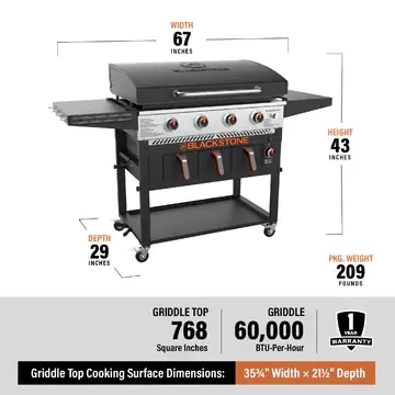 Blackstone 1923 Air Fryer Combo & Four Burners Stainless Steel Gas Hood, Wheels, Two Side Shelf – Heavy Duty Outdoor Griddle Station for Backyard, Patio, 36 inch Black