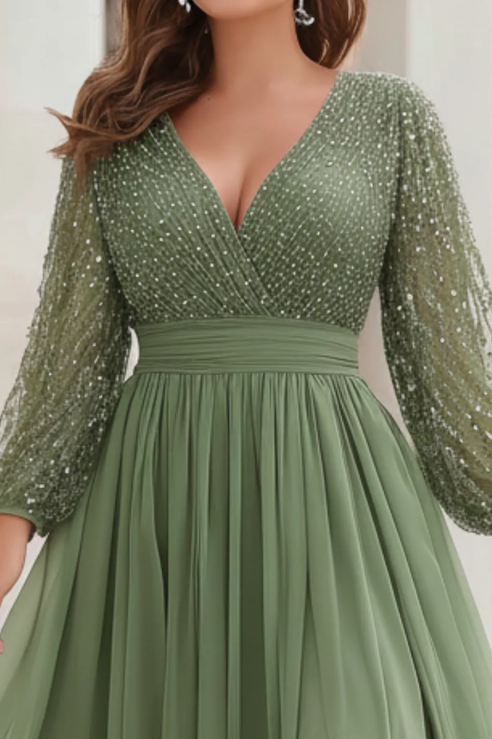 Plus Size Wedding Guest Sage Green Chiffon Sparkly Lantern Sleeve Slit Hem Maxi Dress