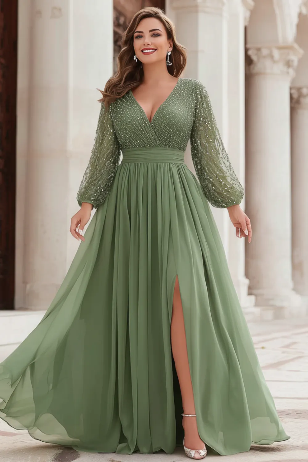Plus Size Wedding Guest Sage Green Chiffon Sparkly Lantern Sleeve Slit Hem Maxi Dress