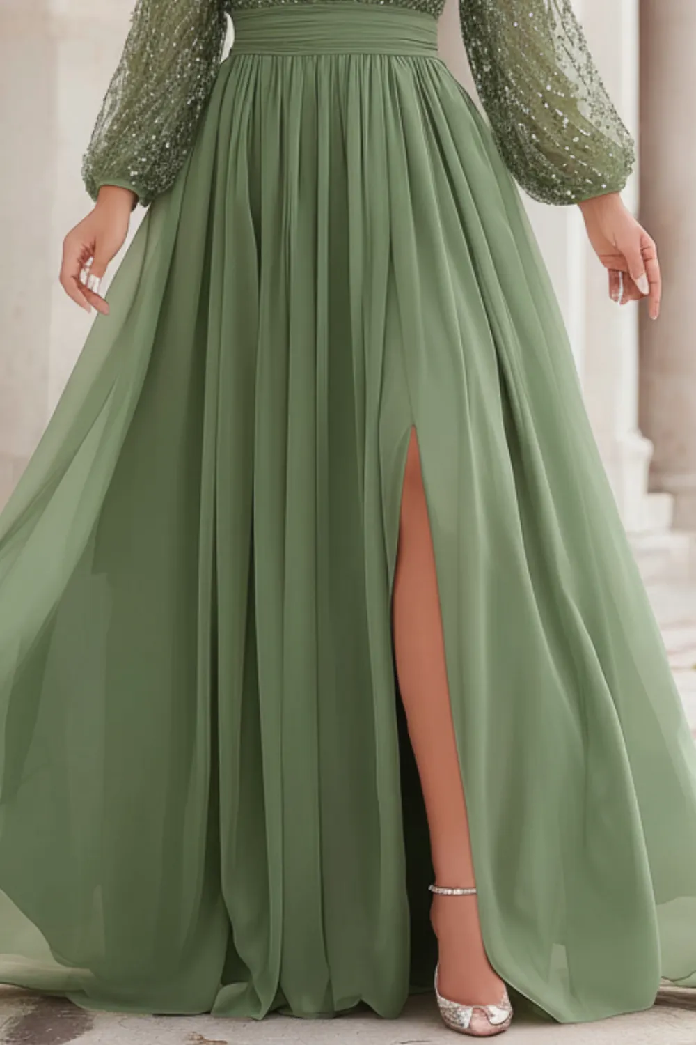 Plus Size Wedding Guest Sage Green Chiffon Sparkly Lantern Sleeve Slit Hem Maxi Dress