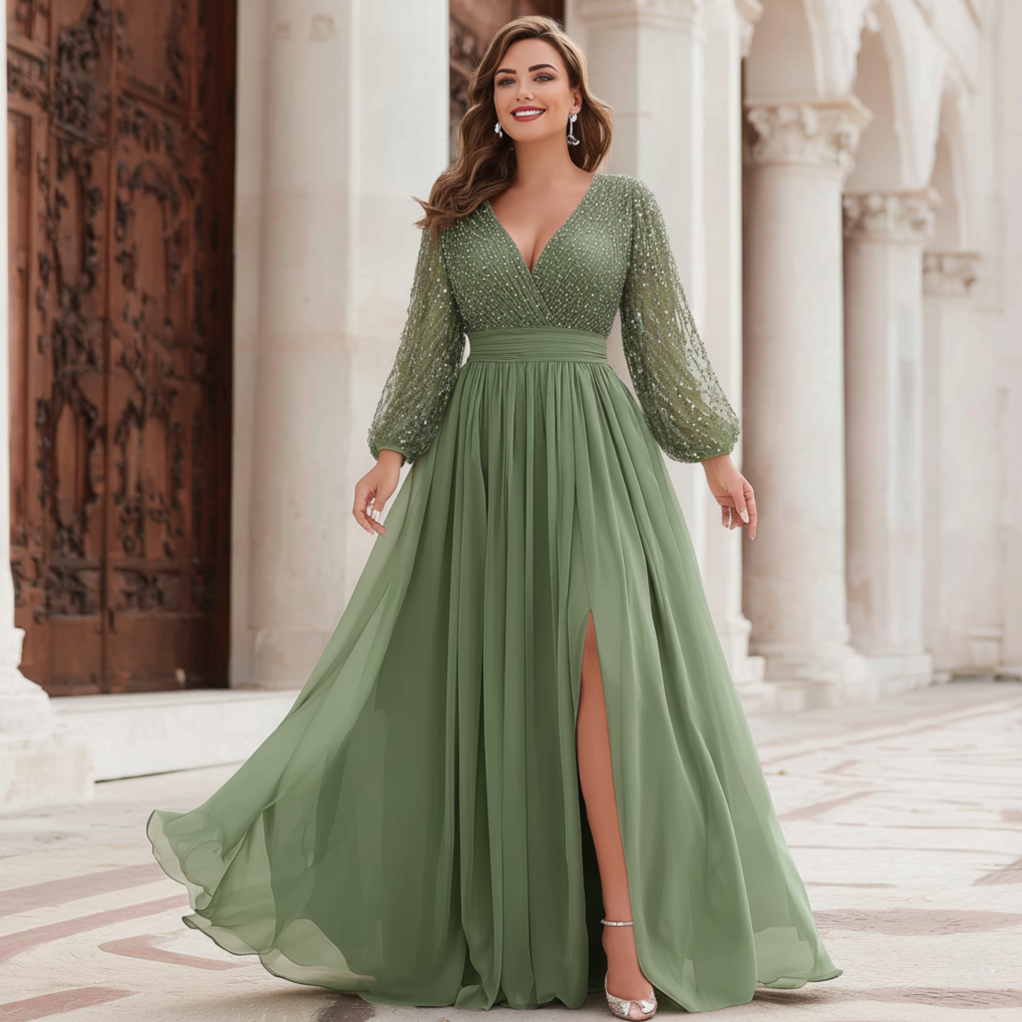 Plus Size Wedding Guest Sage Green Chiffon Sparkly Lantern Sleeve Slit Hem Maxi Dress