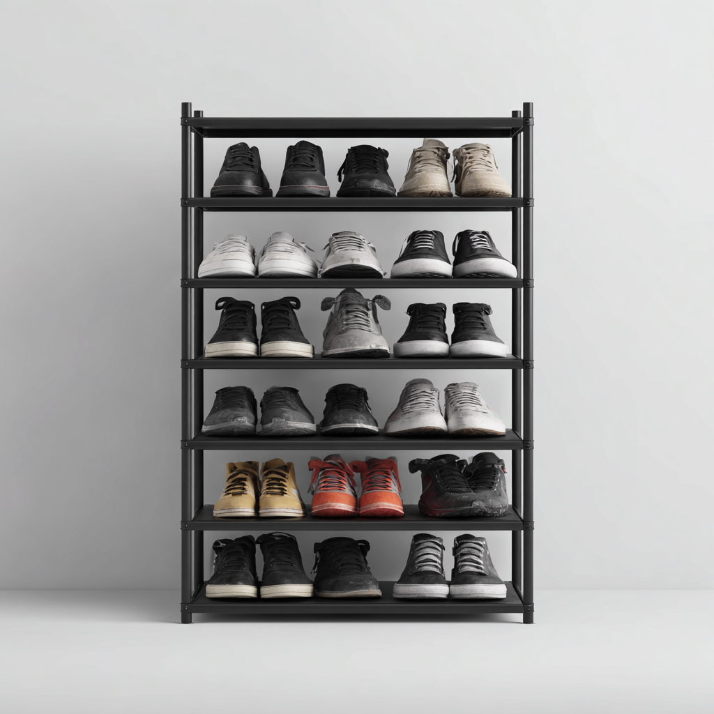 Scarpiera in metallo a 6 ripiani 80x30x180 cm - nera - design industriale aperto-Designene