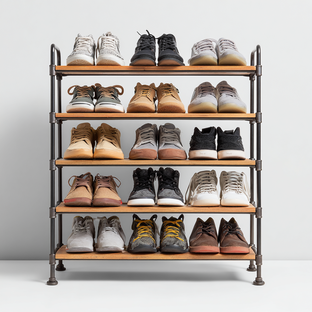 Scarpiera in metallo e legno a 5 ripiani 75x30x90 cm - nero-naturale - design industriale-Designene