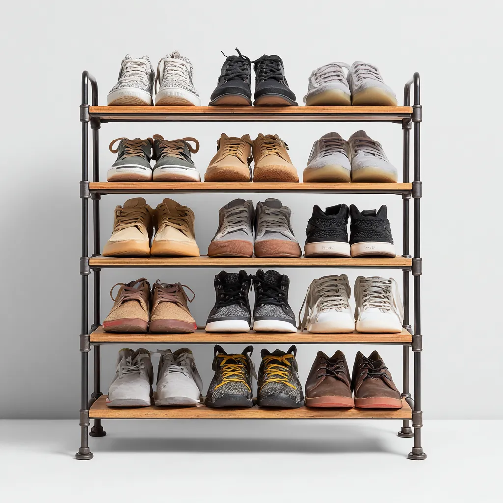 Scarpiera in metallo e legno a 5 ripiani 75x30x90 cm - nero-naturale - design industriale-Designene