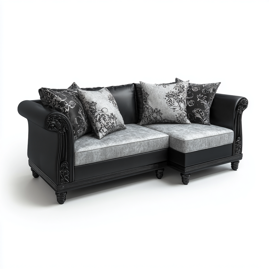 Divano angolare in tessuto e similpelle 230x150x90 cm - nero-grigio - stile classico con dettagli decorativi-Designene