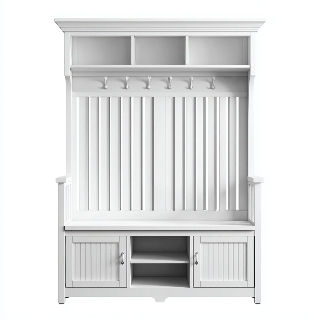 Attaccapanni con panca e mobile contenitore 120x45x190 cm - bianco - design classico - ideale per ingresso o corridoio-Designene