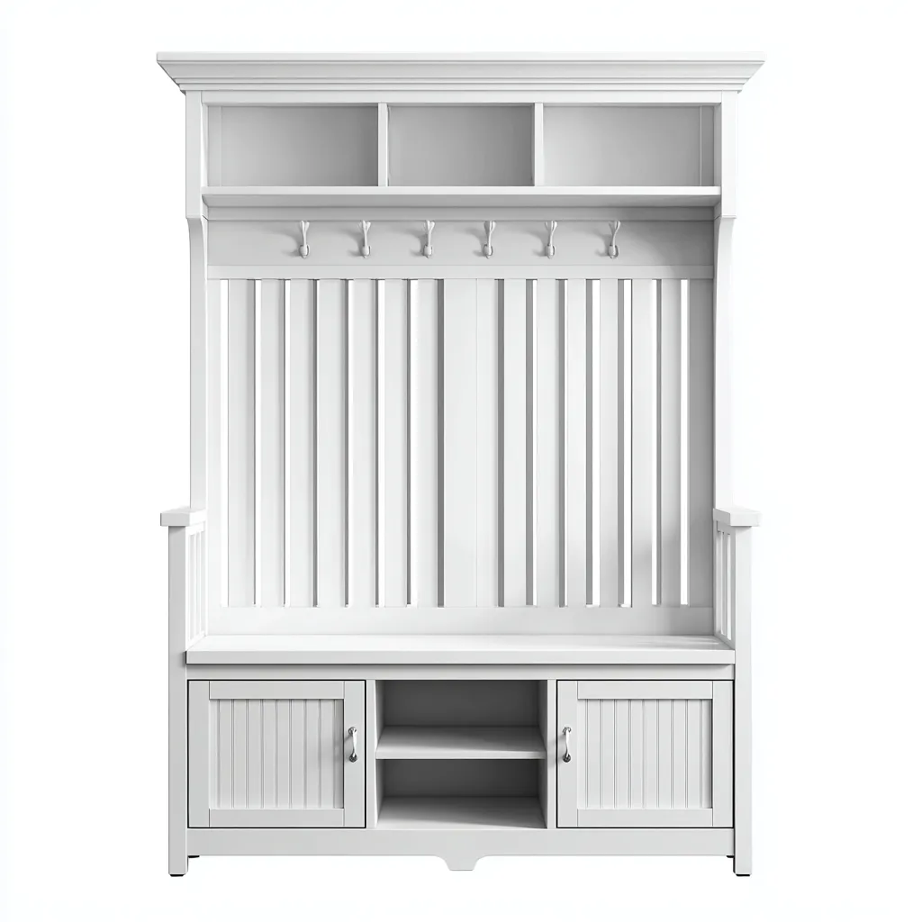 Attaccapanni con panca e mobile contenitore 120x45x190 cm - bianco - design classico - ideale per ingresso o corridoio-Designene