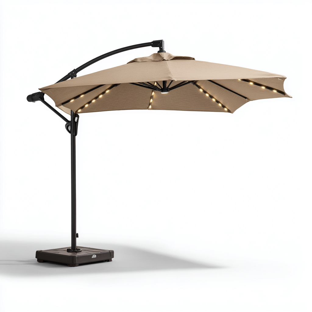 Ombrellone da giardino LED rotondo in poliestere 300x300x260 cm - beige-nero - ombrellone decentrato con luci integrate e struttura in acciaio-Designene