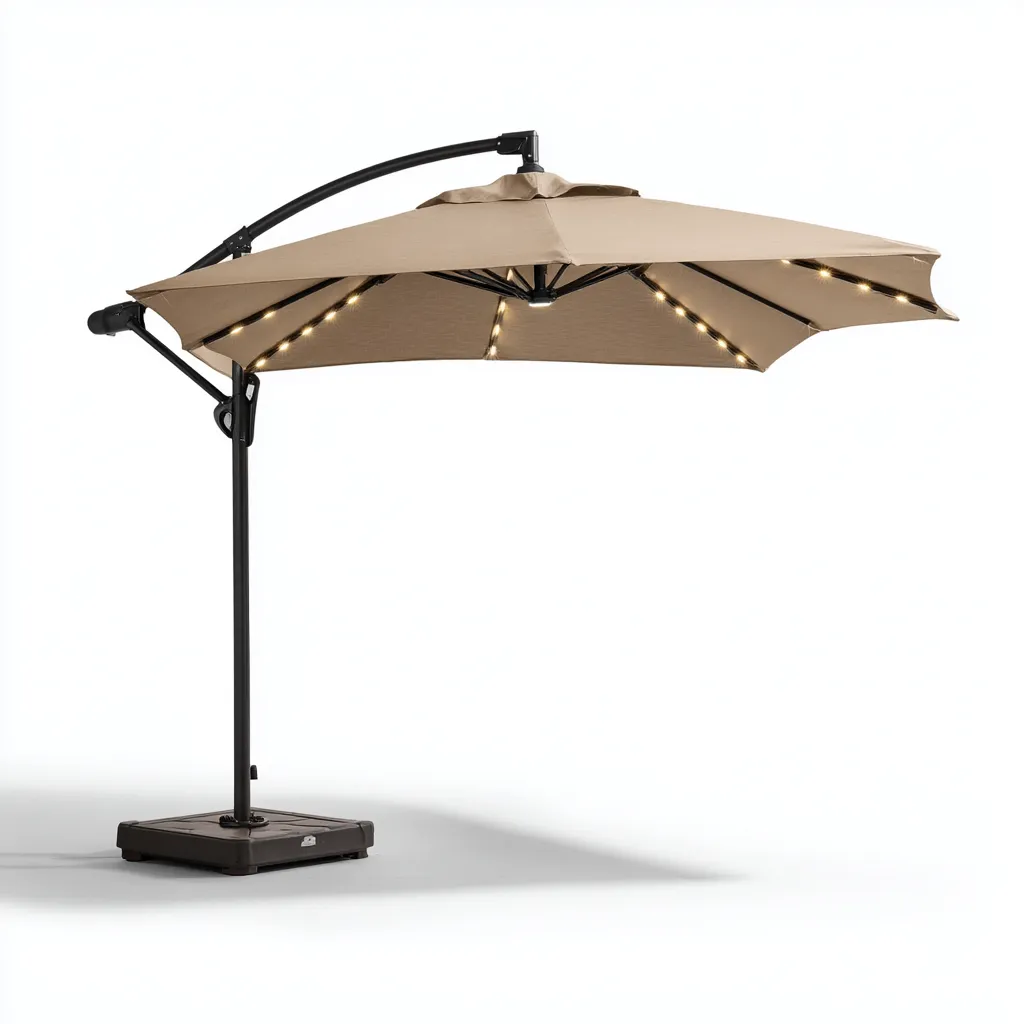 Ombrellone da giardino LED rotondo in poliestere 300x300x260 cm - beige-nero - ombrellone decentrato con luci integrate e struttura in acciaio-Designene