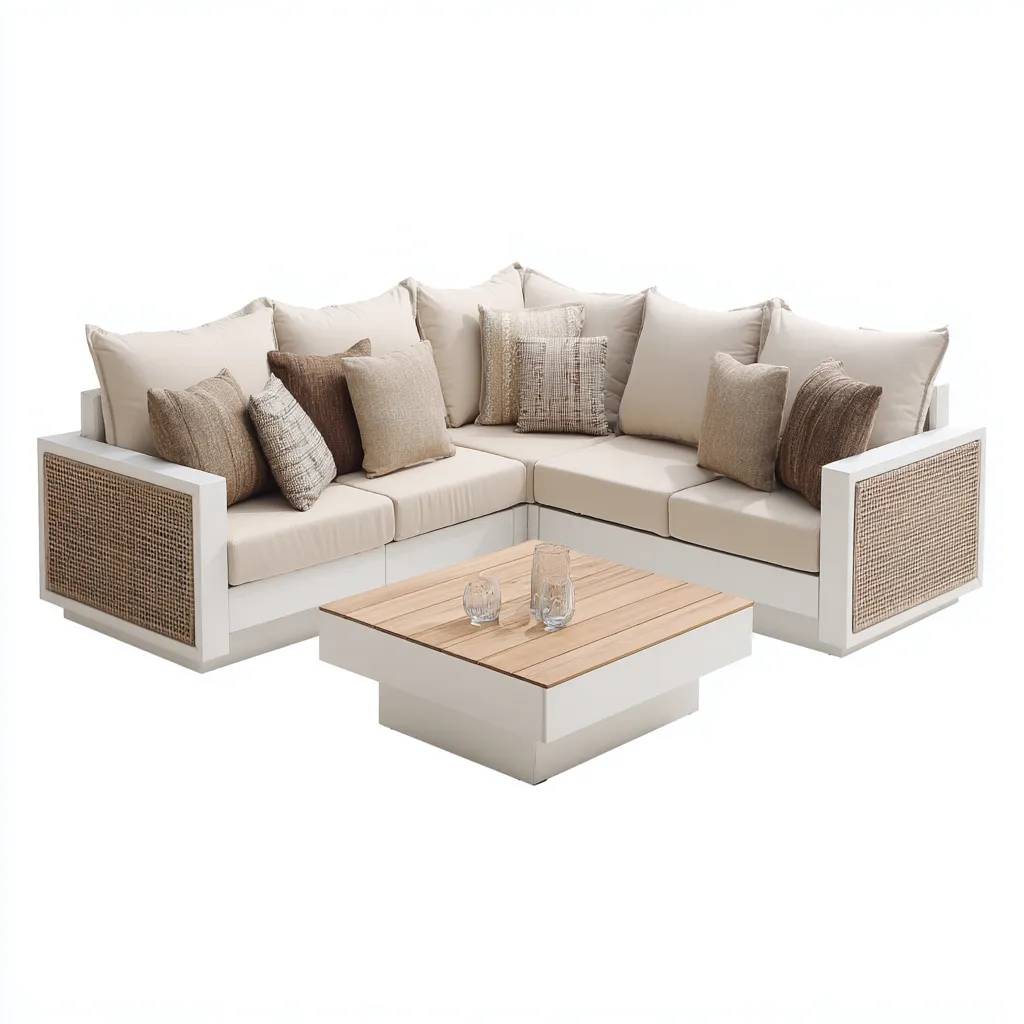 Divano da esterno angolare in metallo con corde intrecciate e cuscini in tessuto 210x150x75 cm - beige-bianco - stile moderno per giardino e terrazza-Designene