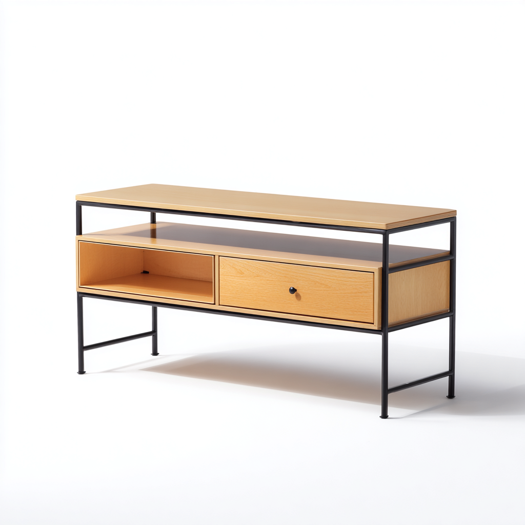 Mobile TV in legno e metallo 120x40x55 cm - Legno chiaro-Nero - Design industriale con cassetto e vano aperto-Designene
