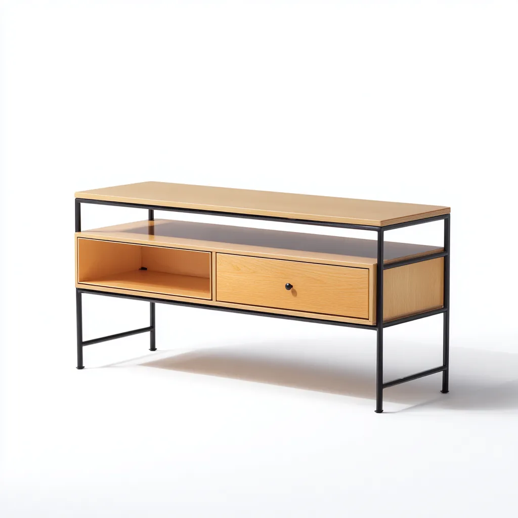 Mobile TV in legno e metallo 120x40x55 cm - Legno chiaro-Nero - Design industriale con cassetto e vano aperto-Designene