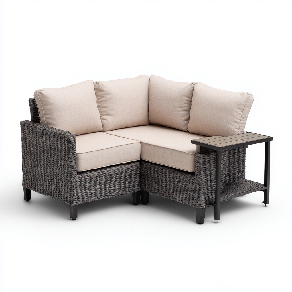 Divano da esterno in rattan sintetico e metallo con cuscini in tessuto 130x130x75 cm - grigio-beige - design moderno e compatto-Designene