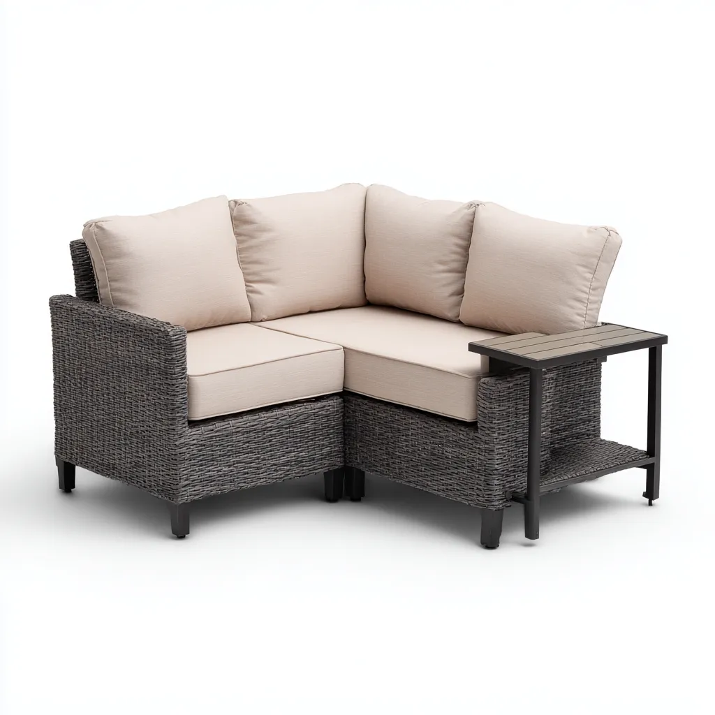 Divano da esterno in rattan sintetico e metallo con cuscini in tessuto 130x130x75 cm - grigio-beige - design moderno e compatto-Designene