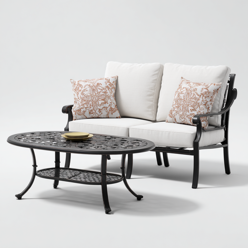 Divano da esterno in metallo con cuscini in tessuto e tavolino ovale 145x75x85 cm - nero-beige - design classico ed elegante-Designene