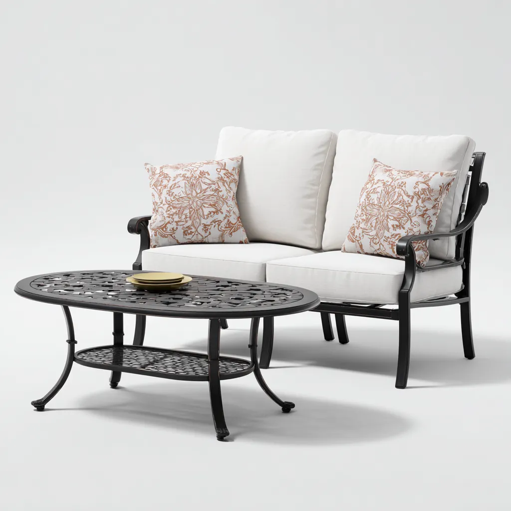 Divano da esterno in metallo con cuscini in tessuto e tavolino ovale 145x75x85 cm - nero-beige - design classico ed elegante-Designene