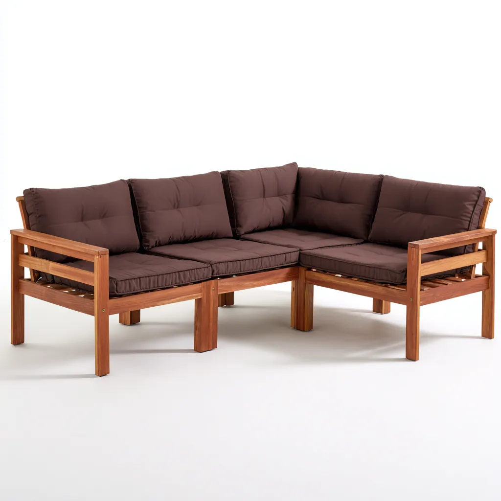 Divano da esterno angolare in legno con cuscini in tessuto 200x140x75 cm - marrone scuro-naturale - stile moderno per giardino e terrazza-Designene