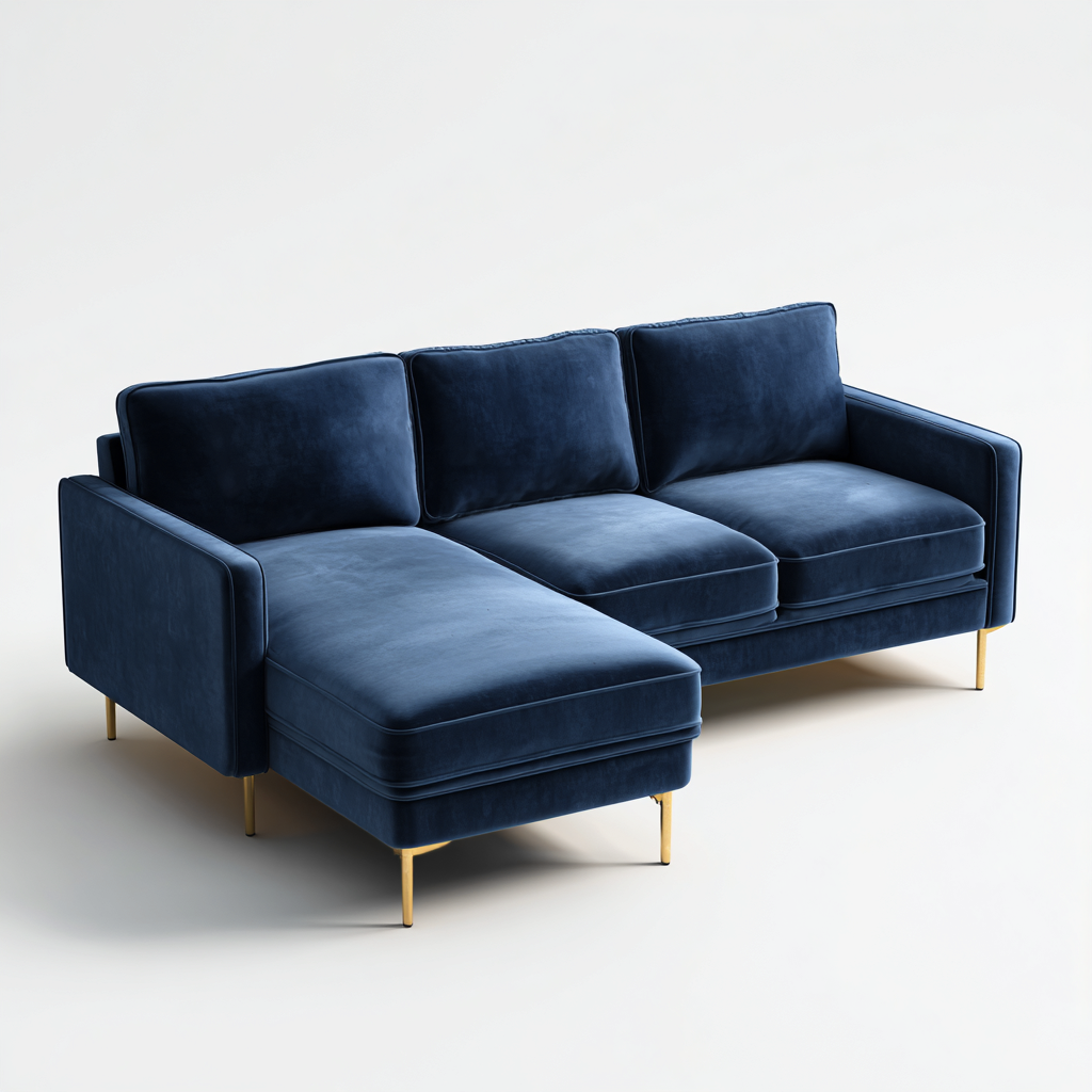 Divano angolare in velluto 240x155x85 cm - blu - design moderno con chaise longue e gambe dorate-Designene