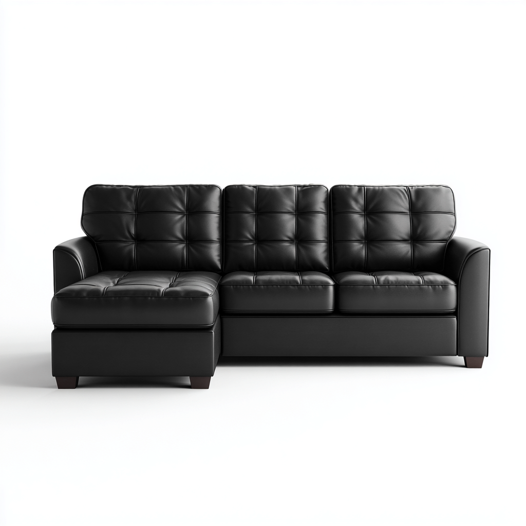 Divano angolare in pelle 235x150x90 cm - nero - design moderno con cuciture a quadri e chaise longue-Designene