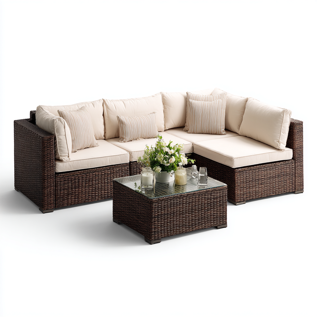Divano da esterno angolare in rattan sintetico con cuscini in tessuto 200x140x70 cm - marrone-beige - stile moderno per giardino e terrazza-Designene