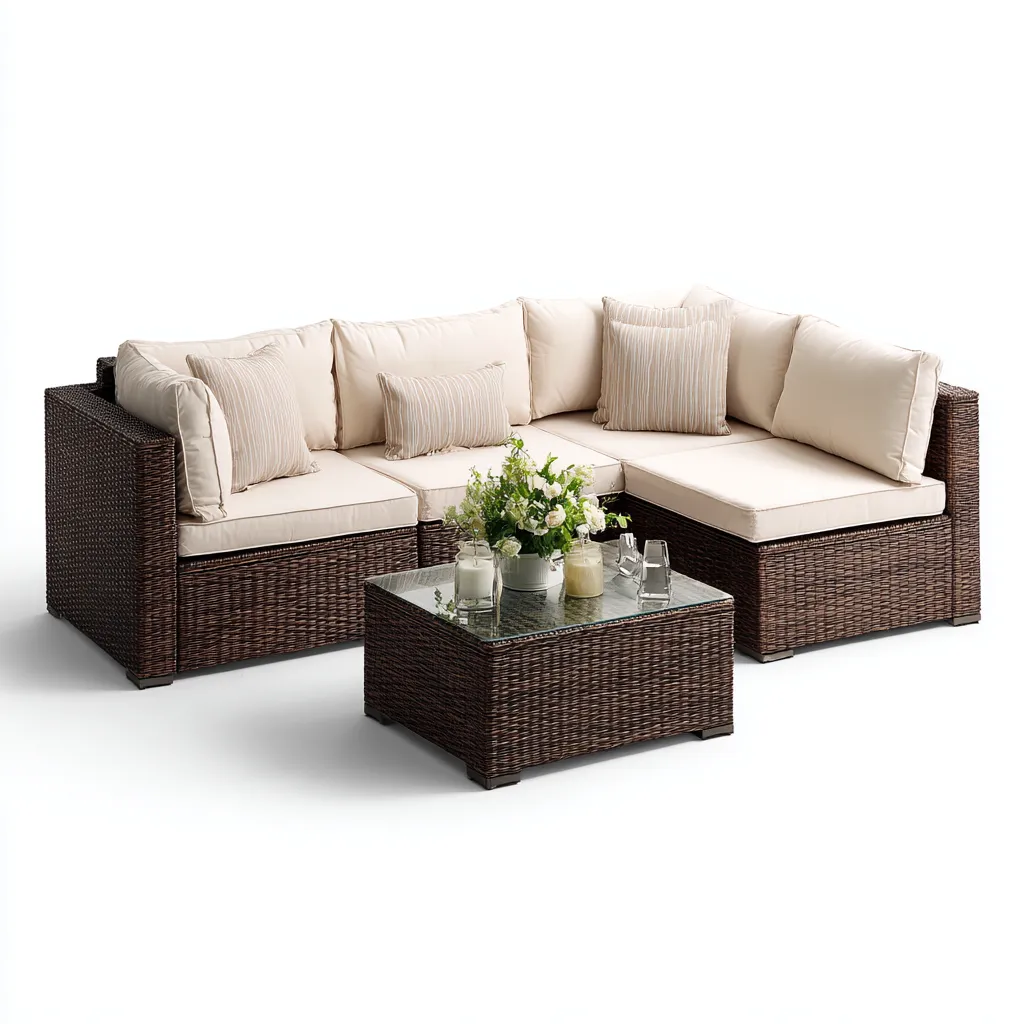 Divano da esterno angolare in rattan sintetico con cuscini in tessuto 200x140x70 cm - marrone-beige - stile moderno per giardino e terrazza-Designene